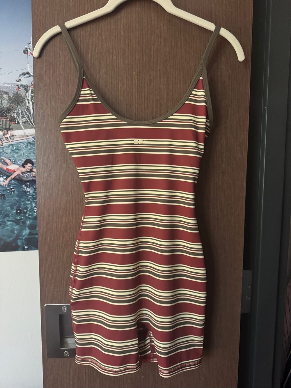 Women Set Active Striped One-Piece Romper in Burgundy and Cream